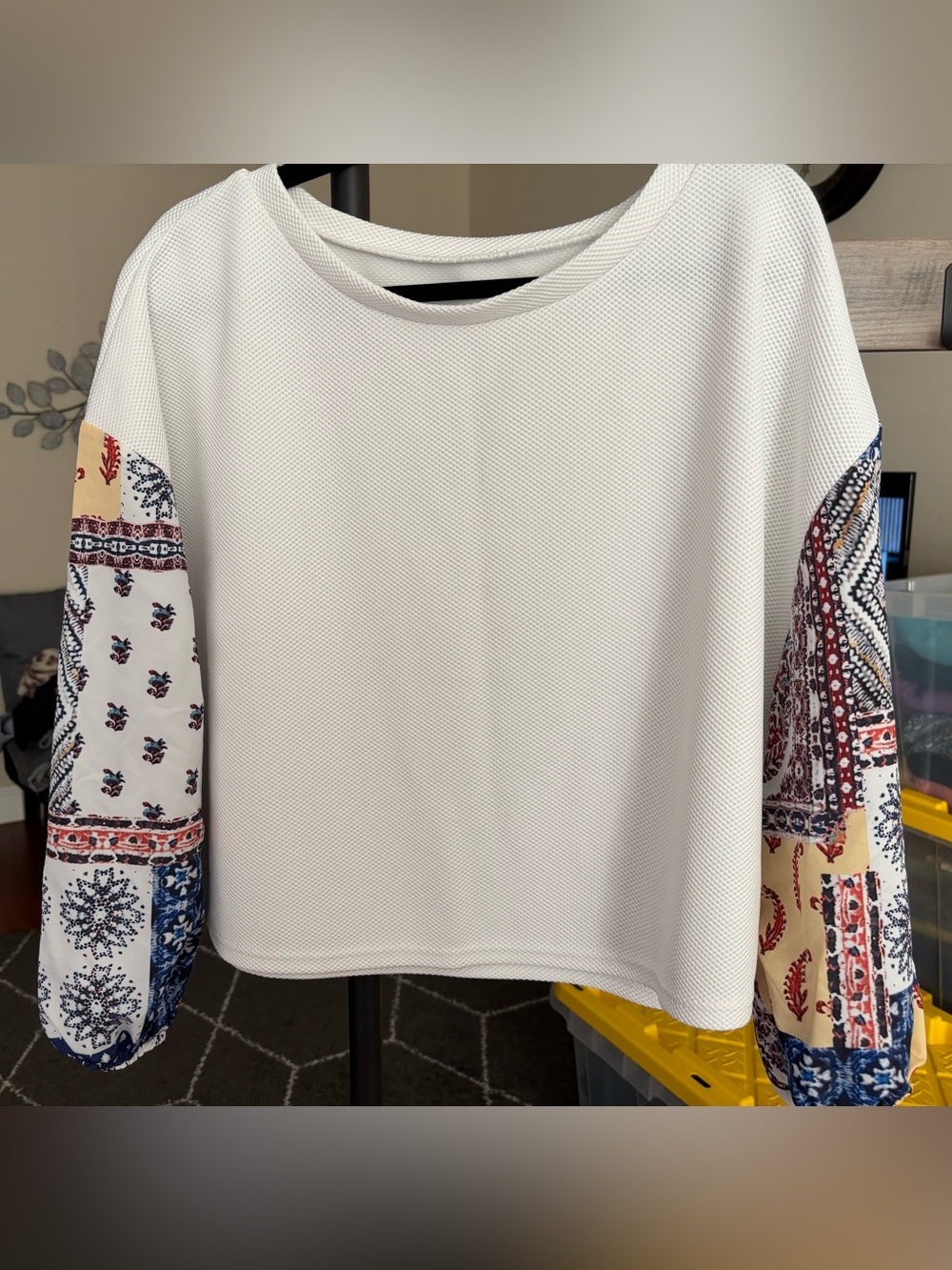 White Top with Patchwork Print Sleeves